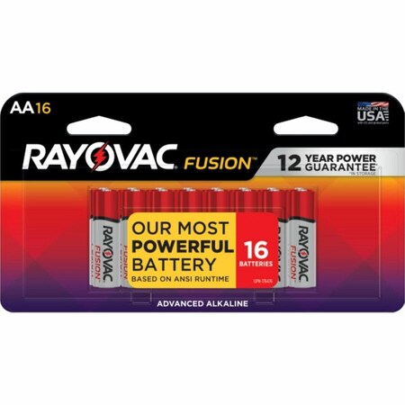 Rayovac FUSION Premium Battery, 1.5 V Battery, 2700 mAh, AA Battery, Alkaline, Zinc, Red/Silver, 16PK 815-16LTFUSK