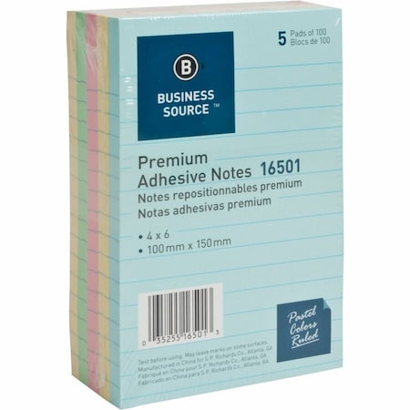 Business Source Ruled Adhesive Notes, Pastel, 5PK BSN16501