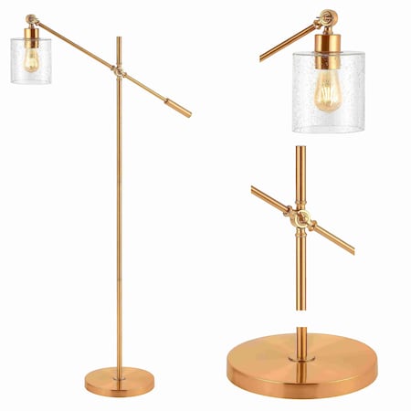 Jonathan Y Kathryn Classic 60" Iron/Seeded Glass Adjustable Head Modern LED Floor Lamp, Brass Gold JYL3081A