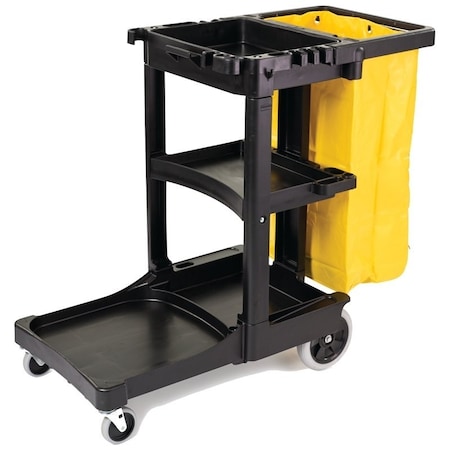 Rubbermaid Janitor Cleaning Cart, 32 gal, 46 in OAL, 21.8 in OAW, 38.4 in OAH, Plastic, Black FG617388BLA