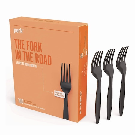 Perk Heavyweight Plastic Cutlery, Fork, Black, PK100, 100PK PK56392