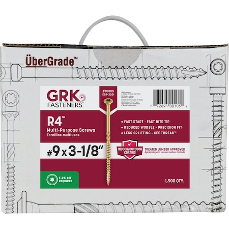 Grk Fasteners GRK R4 No, 9 x 3-1/8'' Star Drive Multi-Purpose Wood Screw, 1900 Ct. 105
