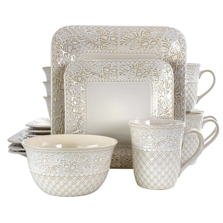 Elama Ivory Lotus 16 Piece Square Dinnerware Set EL-IVORYLOTUS