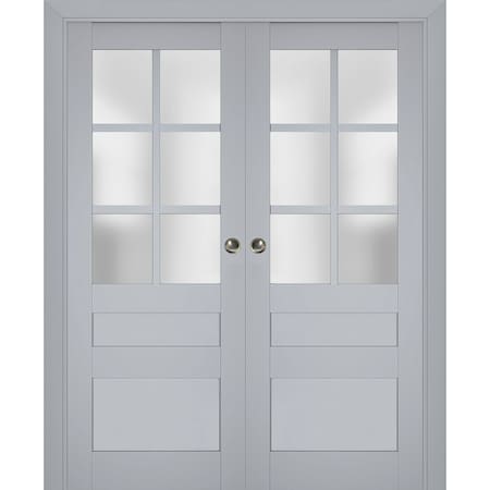 Sartodoors Sliding French Double Pocket Doors with Frosted Glass Grey 64x80 (2* 32x80) Solid Core VEREGIO7339DP-GRE-64