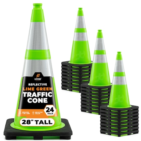 Xpose Safety Traffic Safety Cone, 28 in, Premium PVC, Dual 6 in & 4 in Reflective Collar, Lime Green, 24 pk LTC28-64-24-X