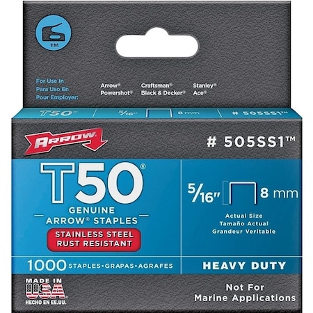 Arrow Lock T50 Series Staple, 3/8 in W Crown, 5/16 in L Leg 505SS1