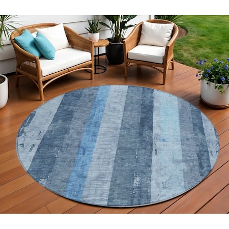 Homeroots 8' Blue And Gray Round Striped Washable Indoor Outdoor Area Rug 617838