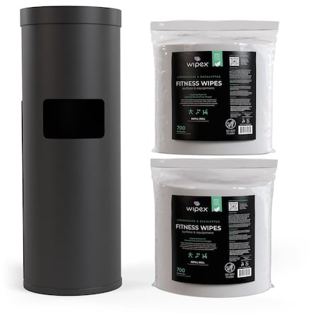 Wipex Plant-Based Fitness Wipes 700ct Bundle, 2 Rolls + Black Floor Dispenser w/ Trash Can WX72226BFD2LERP