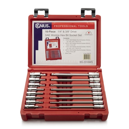 Genius Tools 16PC 1/4 & 3/8in Dr. SAE Wobble Hex Bit Socket Set BS-2316WS