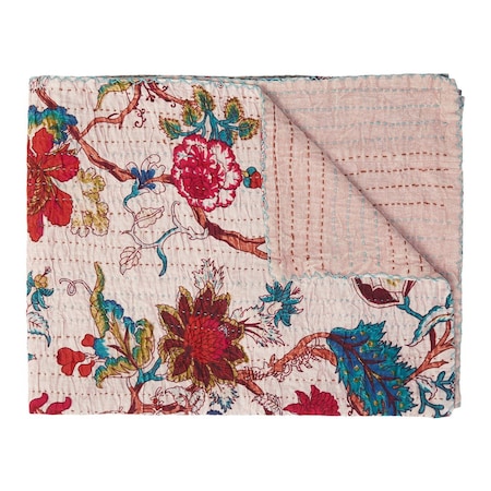 Homeroots 50" X 70" Pink and Red Kantha Cotton Floral Throw Blanket with Embroidery 293210