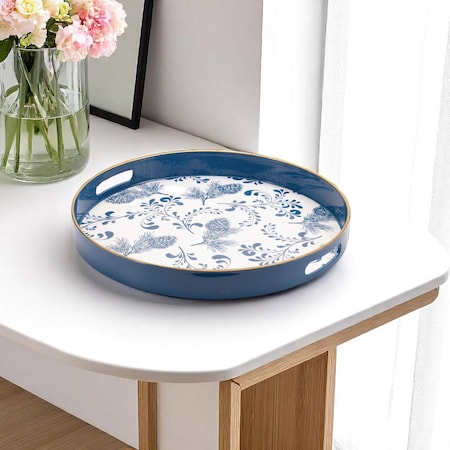 Homeroots 14" Blue White And Gold Pinecone Round Serving Tray 634488
