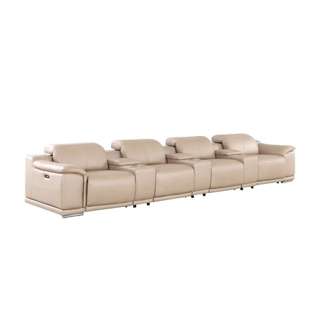 Homeroots 175" Beige Top Grain Leather Reclining USB Sofa And Storage 643707