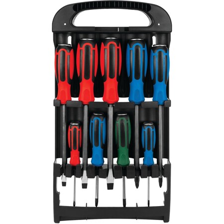 Performance Tool 9 pc. Screwdriver Set, Go-Thru Shank, Magnetic Tips, Storage Rack W1742