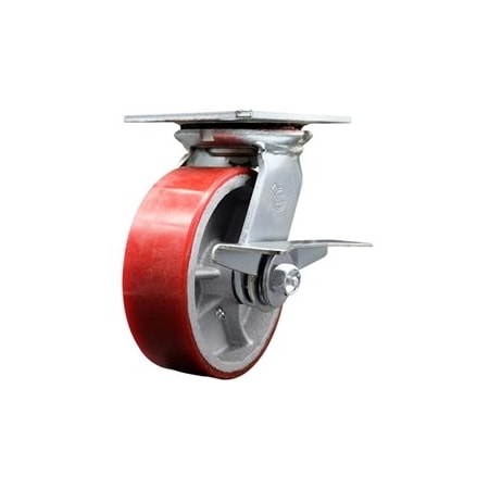 Service Caster 6 Inch Heavy Duty Red Poly on Cast Iron Caster with Ball Bearing and Brake SCC SCC-35S620-PUB-RS-SLB