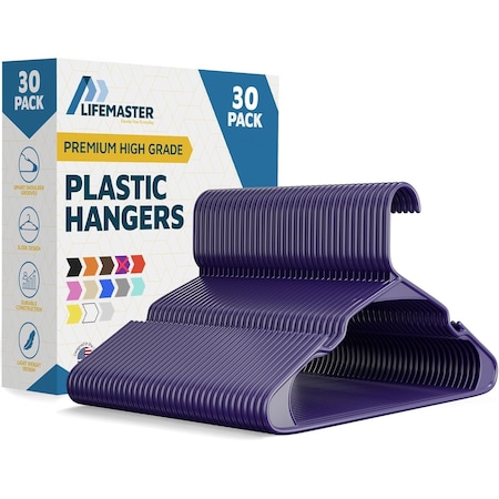 Lifemaster Heavy Duty Plastic Clothes Hangers, Non-Slip, Space-Saving, Holds 5 lbs, Purple, 30PK LMPLCPUR30