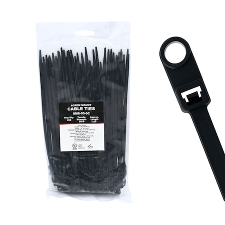 Cable Ties Unlimited Screw Mount Cable Tie, 8 in L, 50 lb Strength, 2.2 in Max Bundle Dia, Nylon, UV-Rated, Black, 100PK SM8-50-0C