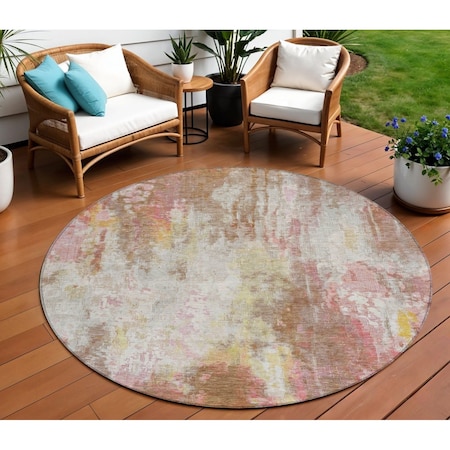 Homeroots 8' Tan Mauve And Ivory Round Abstract Washable Indoor Outdoor Area Rug 615880