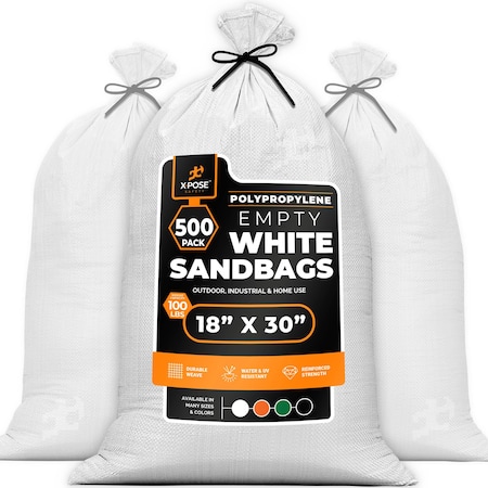 Xpose Safety Woven Poly Sand Bags for Flooding, 18 x 30, 100 lb WL, Empty, White, Pack of 500, 500PK SBW-1830-500-X-S