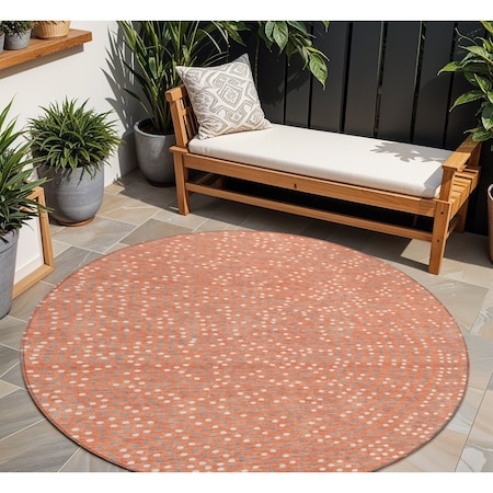 Homeroots 8' Salmon Gray And Ivory Round Polka Dot Washable Indoor Outdoor Area Rug 599084