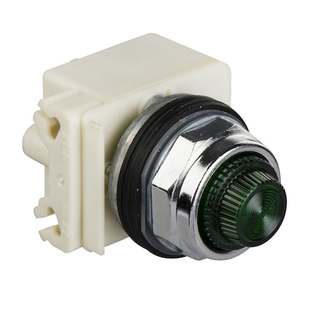 Square D 30mm push button, Type K, pilot light, green LED light module, 12/14VAC/VDC, green plastic fresnel lens, NEMA 4, 13 9001KP32LGG31