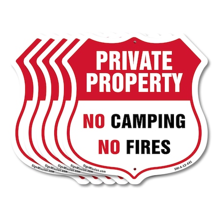 Signmission Private Property Shield Sign No Camping, 12 inch X 12 inch, Aluminum Metal Sign, 5PK SHI-A-5Pack-12-441