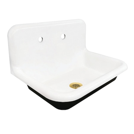 Kingston Brass 30" Cast Iron Single Bowl Wall Mount Utility Sink with Drain, White/Brushed Brass KGCLWS3020197