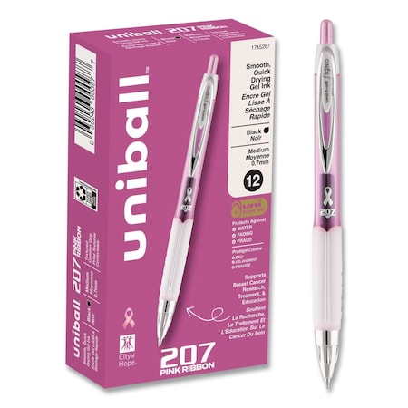 Uni-Ball Signo 207 City of Hope Edition Gel Pen, Retractable, Med 0.7 mm, Black Ink, Pink/White Barrel, 12PK 1745267