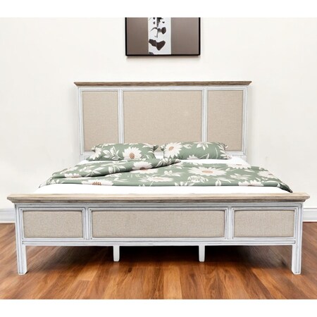 Homeroots White and Beige Shiplap Texture Distressed Solid Wood And Linen King Bed Frame 571388