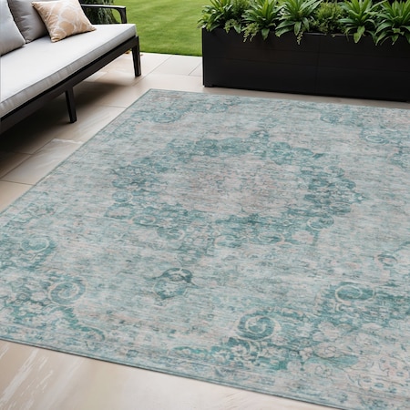 Homeroots 5' X 8' Teal Blue Floral Medallion Washable Indoor Outdoor Area Rug 607945