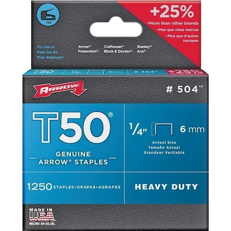 Arrow Lock T50 Series Staple, 3/8 in W Crown, 1/4 in L Leg, 4PK 50424