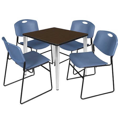 Regency Square Kahlo Breakroom Table W/ 4 Zeng Stack Chairs, 30 in W, 30 in L, Neo Walnut TPL3030NWCM44BE