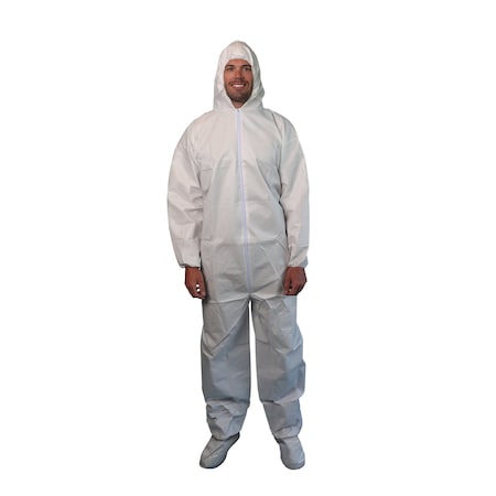 Vguard Disposable Coveralls, Hooded, Microporous, Elastic Wrist, Boots Ankle, Serged Seam, White, 25 PK BC20B15