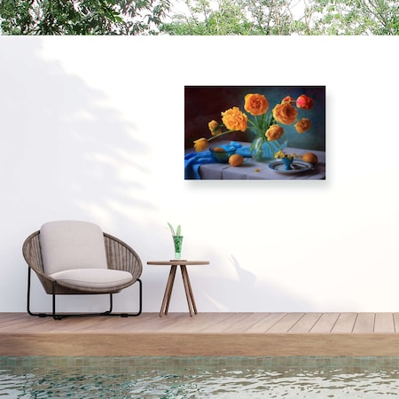 Trademark Fine Art Outdoor Canvas Art Tatyana Skorokhod With a bouquet of yellow tulips Wall Art for Patio, or Garden 1X32110-OC1624WR