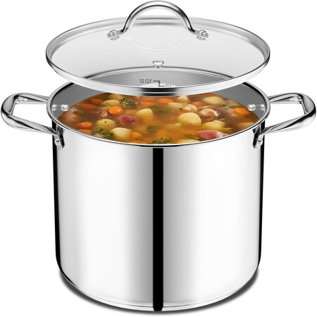 Emporio Kitchen Stainless Steel 12QT Stockpot with Glass Lid, Even-Heat Base, Riveted Handles, Oven Safe EMPKSSTKP12