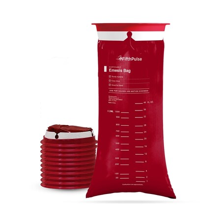 Fifthpulse Emesis Bags Medical Grade, Leak Resistant and Individually Wrapped 1000ml, Burgundy, 10PK FMN100645