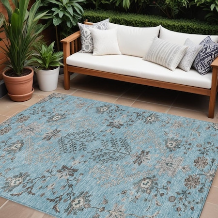 Homeroots 8' X 10' Sky Blue Gray And Charcoal Floral Washable Indoor Outdoor Area Rug 605488