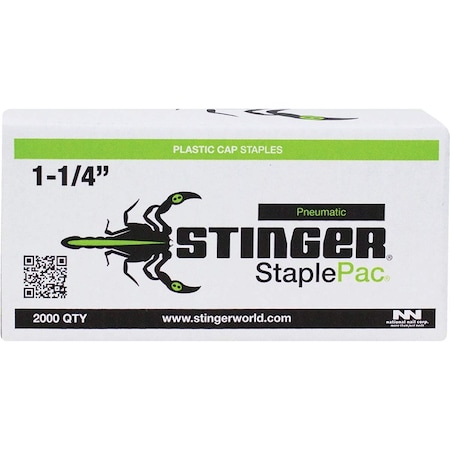Stinger Cap Staples, 1-1/4'' StaplePac, 1'' Caps, 7/16'' Crown Staples 18ga, 2000 ct 136074
