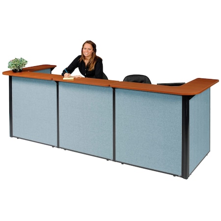 Global Industrial Interion U-Shaped Reception Station With Cherry Counter and Blue Paneling, 124"W x 44"D x 44"H 249010CB