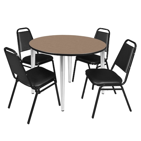 Regency Round Kahlo Breakroom Table W/ 4 Restaurant Stack Chairs, 48 in W, 48 in L, Noble Oak TPL48RNDNOCM29BK