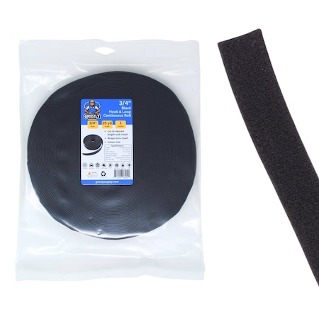 Grizzly Supply Hook and Loop Continuous Roll, 75 ft L, 0.75 in W, Cut to length, No Adhesive, Black, 1PK GS-HL3/4-0-25