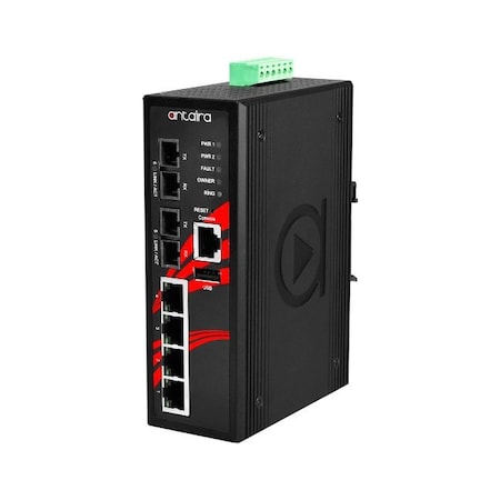 Antaira 6-Port Industrial PoE+ Light Layer 3 Managed Ethernet Switch, with 4*10/1 LMP-0602-M-24-V2