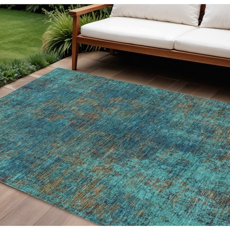 Homeroots 10' X 14' Teal Blue Navy Blue And Brown Abstract Washable Indoor Outdoor Area Rug 612369