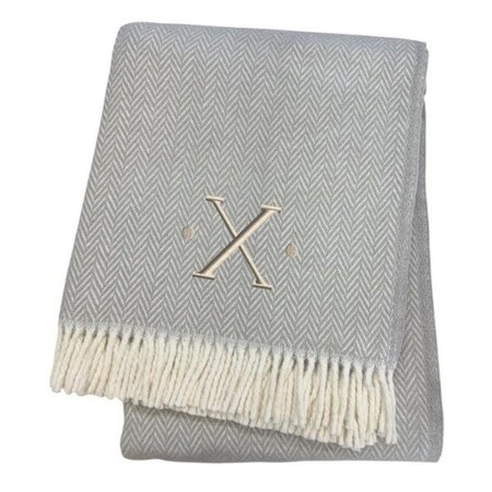 Homeroots 55" X 70" Gray White Herringbone Cotton Blend X Initial Throw Blanket with Tassels Embroidery 655547