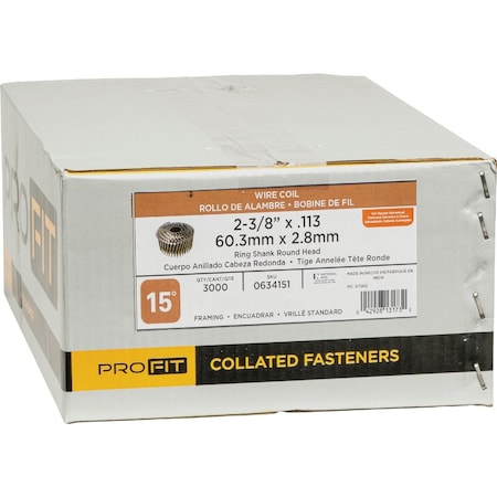 Pro-Fit 2-3/8'' x 0.113'' 15 Degree Wire Weld Hot Dipped Galvanized Ring Shank Coil Framing Nail, 3000 Ct. 634151