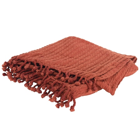 Homeroots 50" X 60" Burnt Orange Cotton Knitted Striped Throw Blanket with Tassels 518780