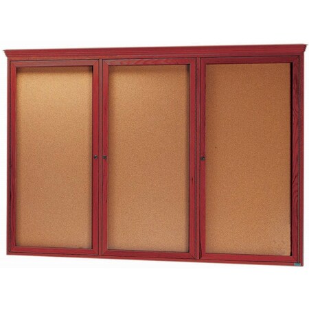 Aarco Enclosed Bulletin Board and Cherry Stained Red Oak Frame and Crown Molding, 48''Hx72''W, Three Door CBC4872RC