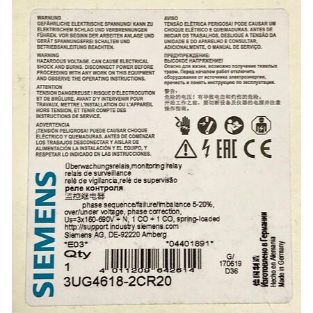 Siemens 2CR20 SIRIUS Phase Sequence Undervoltage Relay Module 3UG4618