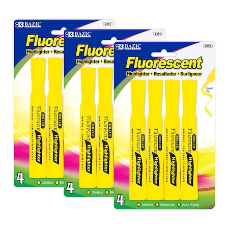 Bazic Products Desk Style Fluorescent Highlighters, Yellow, 12PK 2351