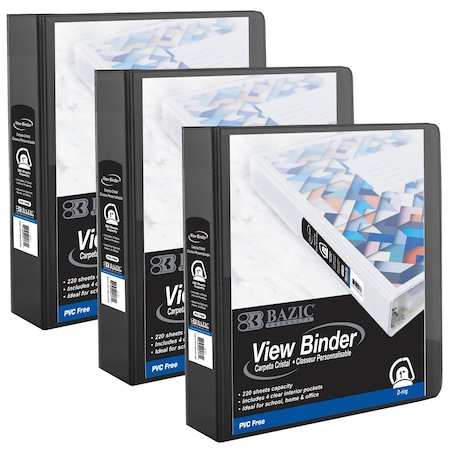 Bazic Products PVC-Free Slant-D Ring View Binder with 4-Pockets, 1", Black, 3PK 4171