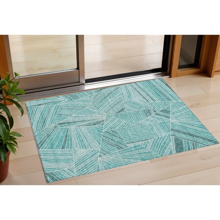 Homeroots 3' X 5' Teal Blue And Ivory Geometric Washable Indoor Outdoor Area Rug 594809